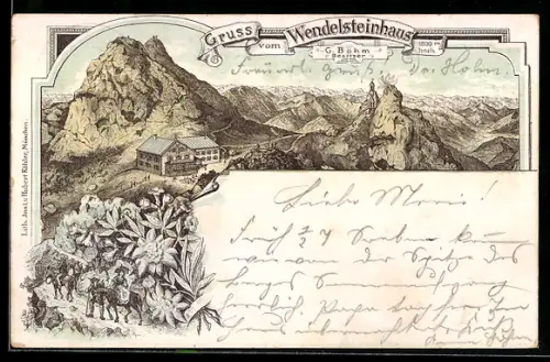 Lithographie Wendelsteinhaus, Vogelschau auf die Berghütte, Kirche und Bergpanorama, Bes. G. Böhm, Edelweiss