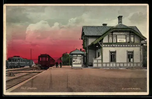 AK Hell, Bahnhof im Abendrot