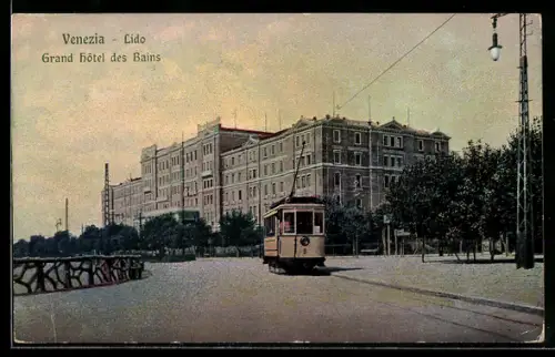 AK Venezia, Lido, Grand Hôtel des Bains, Strassenbahn