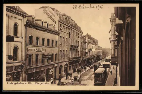 AK Ludwigshafen a. Rh., Gasthaus Bürgerbräu und Strassenbahn