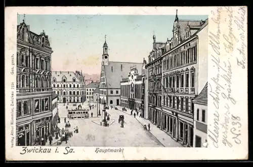 Künstler-AK Zwickau i. Sa., Hauptmarkt mit Strassenbahn