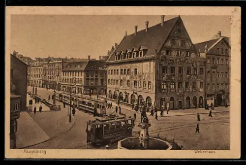 AK Augsburg, Strassenbahnen vor dem Weberhaus