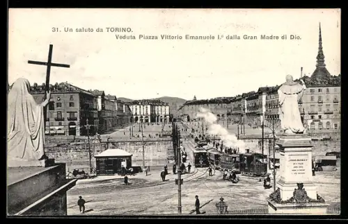 AK Torino, Veduta Piazza Vittorio Emanuele Io dalla Gran Madre di Dio, Strassenbahn
