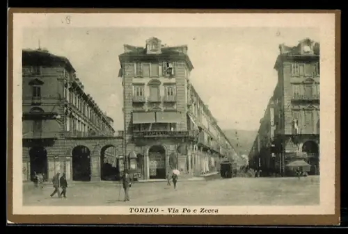 AK Torino, Via Po e Zecca, Strassenbahn