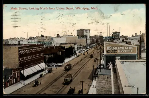 AK Winnipeg /Man., Main Street, looing North from Uniion Depot, Strassenbahn
