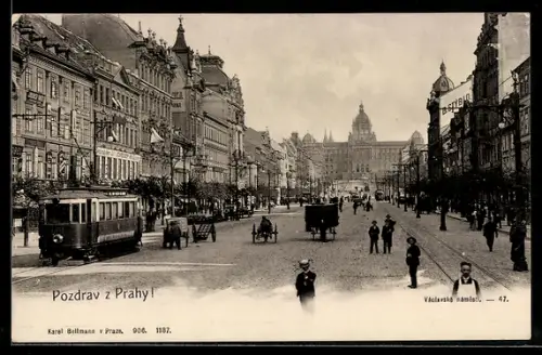 AK Prahy, váolavské námesti, Strassenbahn