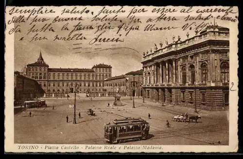 AK Torino, Piazza Castello, Palazzo Reale e Palazzo Madama, Strassenbahn