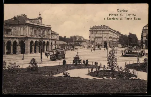 AK Torino, Piazza S. Martino e Stazione di Porta Susa, Strassenbahn