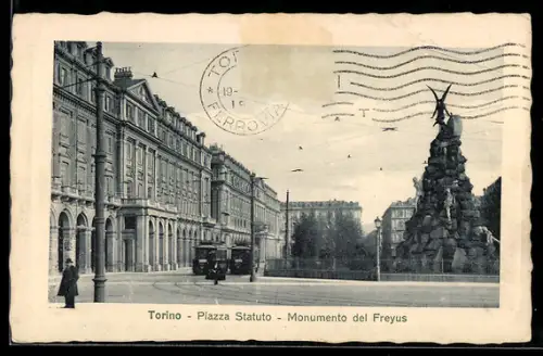 AK Torino, Piazza Statuto, Monumento del Freyus, Strassenbahn