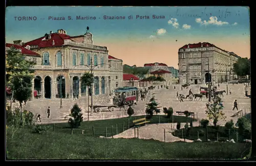 AK Torino, Piazza S. Martino, Stazione di Porta Susa, Strassenbahn