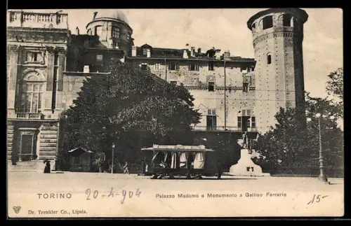 AK Torino, Palazzo Madama e Monumento a Galileo Ferrario, Strassenbahn