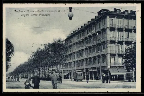 AK Torino, Corso Vittorio Emanuele II angolo Corso Vinzaglio, Strassenbahn