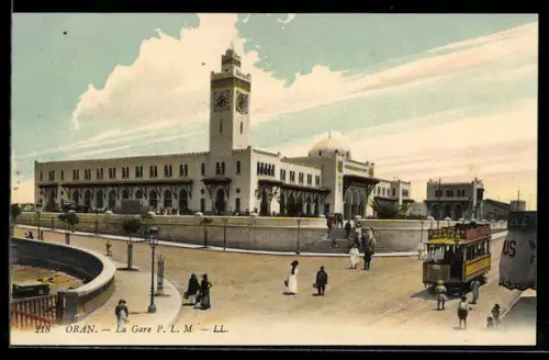 AK Oran, La Gare, Strassenbahn