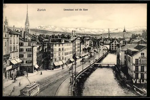 AK Zürich, Limmatquai mit Strassenbahn und den Alpen