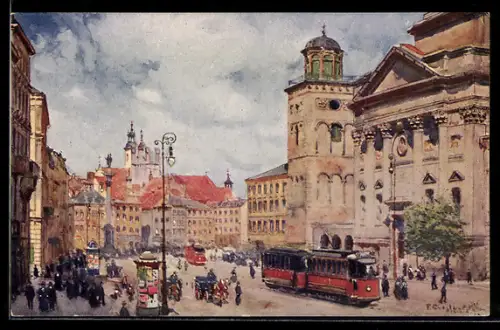 Künstler-AK Warschau, Strassenpartie mit Strassenbahn
