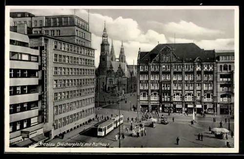 AK Breslau, Blücherplatz mit Rathaus und Strassenbahn