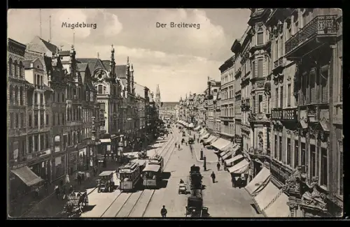 AK Magdeburg, Breiteweg mit Strassenbahn