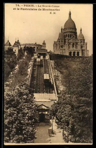 AK Paris, Le Sacré-Coeur et le Funiculaire de Montmartre, Bergbahn
