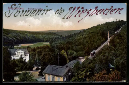 AK Wiesbaden, Nerobergbahn aus der Vogelschau, Beausite-Restaurant, Glitter