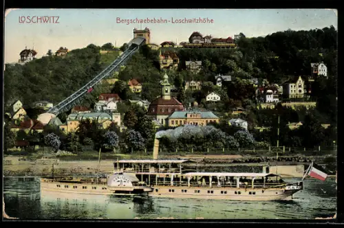 AK Dresden-Loschwitz, Dampfer Karlsbad auf der Elbe, Blick zur Bergschwebebahn-Loschwitzhöhe