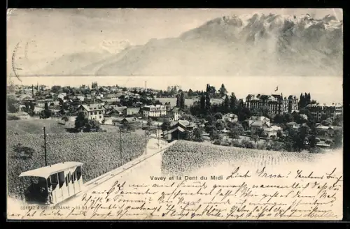 AK Vevey at la Dent du Midi, Totalansicht mit Bergbahn