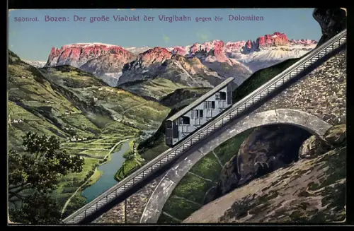 AK Bozen, Viadukt mit der Virglbahn gegen die Dolomiten