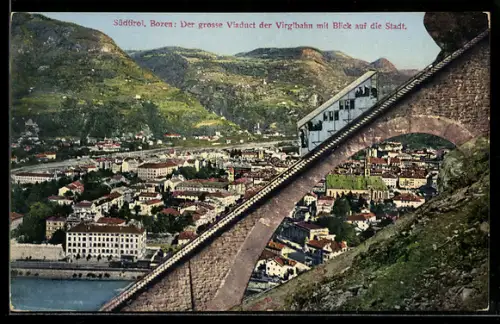 AK Bozen, Der grosse Viadukt der Virgilbahn mit Blick auf die Stadt