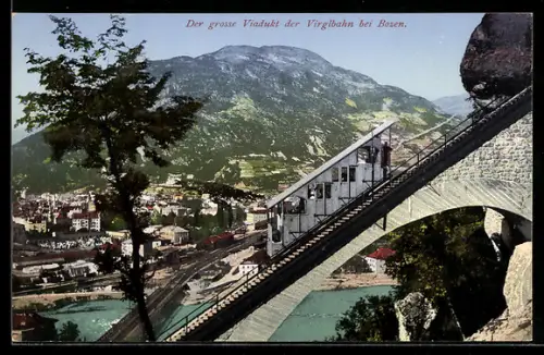AK Bozen, der grosse Viadukt der Virglbahn, Bergbahn