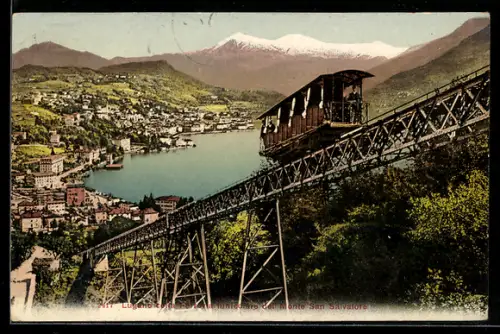AK Lugano, Ortsansicht mit Bergbahn Monte San Salvatore