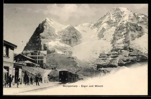 AK Wengernalp, Ortspartie mit Bergbahn, Eiger u. Mönch
