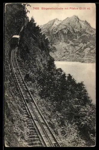 AK Bürgenstock, Bürgenstockbahn mit Pilatus u. Gewässer