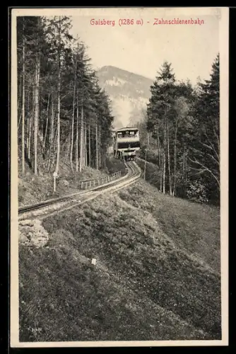 AK Gaisberg, Zahnschienenbahn unterwegs, Wald, Bergblick