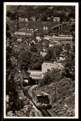 AK Heidelberg, Bergbahn mit Station Schloss, Hl. Geistkirche, Alte Brücke