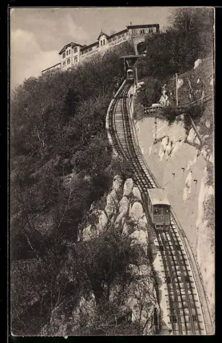 AK Graz, Schlosssbergbahn, Bahnen u. Station, Cafe-Restaurant