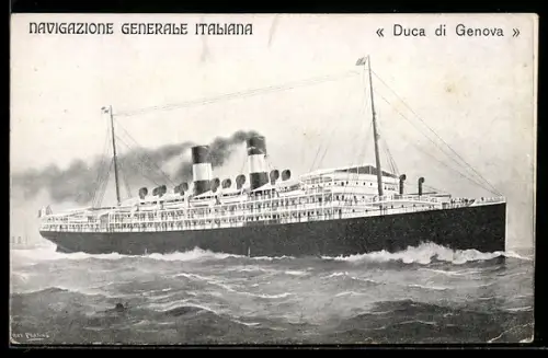 AK Passagierschiff Duca di Genova der Navigazione Generale Italiana auf hoher See