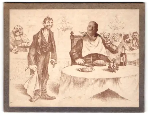 Fotografie unbekannter Fotograf und Ort, Humorvolle Fotomontage eines Mannes im Restaurant