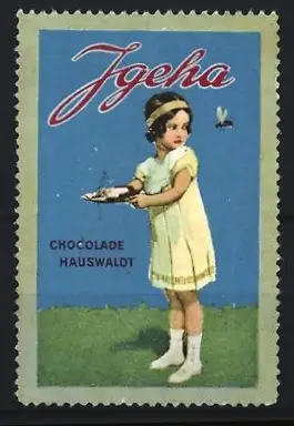 Reklamemarke Igeha Chocolade Hauswaldt, Mädchen mit Schokolade
