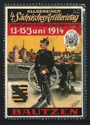 Reklamemarke Bautzen, 4. Sächsischer Artillerietag 1914, Artillerist vor Festungskanone