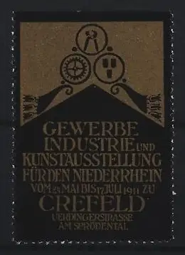 Reklamemarke Crefeld, Gewerbe Industrie und Kunstausstellung 1911, Zahnräder und Symbole
