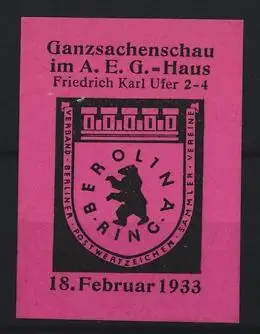 Reklamemarke Berlin, Ganzsachenschau im A. E. G.-Haus 1933, Friedrich Karl-Ufer 2-4