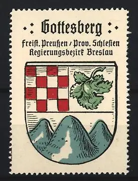 Reklamemarke Gottesberg, Freist. Preussen /Prov. Schlesien, Wappen mit Weinblatt und Bergen