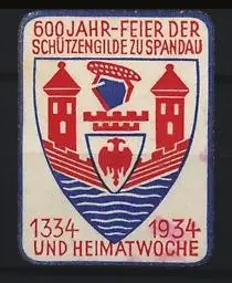 Reklamemarke Spandau, 600 Jahr-Feier der Schützengilde, Wappen mit Türmen und Adler, 1934