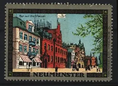 Reklamemarke Neumünster, Post mit Gross-Flecken, Ortsansicht mit Flagge