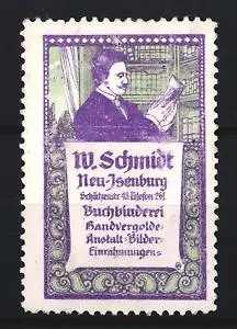 Reklamemarke Neu-Isenburg, W. Schmidt Buchbinderei, Mann in Bibliothek