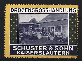 Reklamemarke Kaiserslautern, Schuster & Sohn, Drogengrosshandlung mit Lageransicht