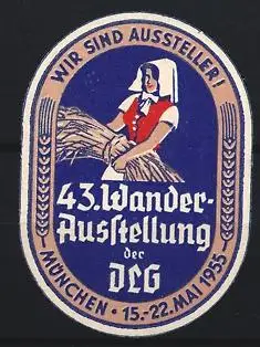 Reklamemarke München, 43. Wander-Ausstellung der DLG 1955, Frau mit Getreidebündel