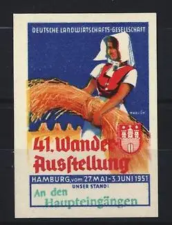 Reklamemarke Hamburg, 41. Wanderausstellung 1951, Dt. Landwirtschafts-Gsellschaft, Frau mit Getreidebündel