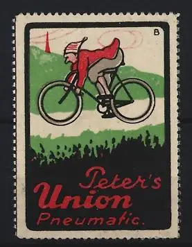 Reklamemarke Peter`s Union Pneumatic, Radfahrer im Grünen