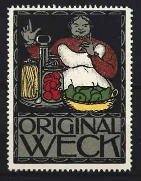 Reklamemarke Original Weck, Hausfrau mit Vorräten