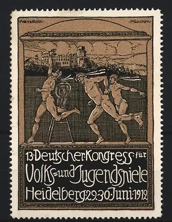 Reklamemarke Heidelberg, 13. Deutscher Kongress für Volks- und Jugendspiele 1912, Läufer vor Ortsansicht